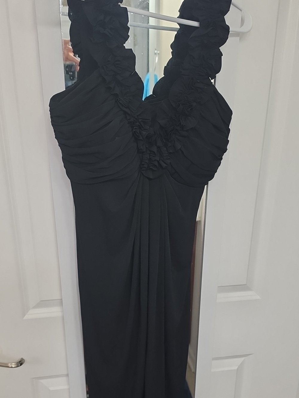 Maggy London Black Ruched Halter Gown with Floral Straps